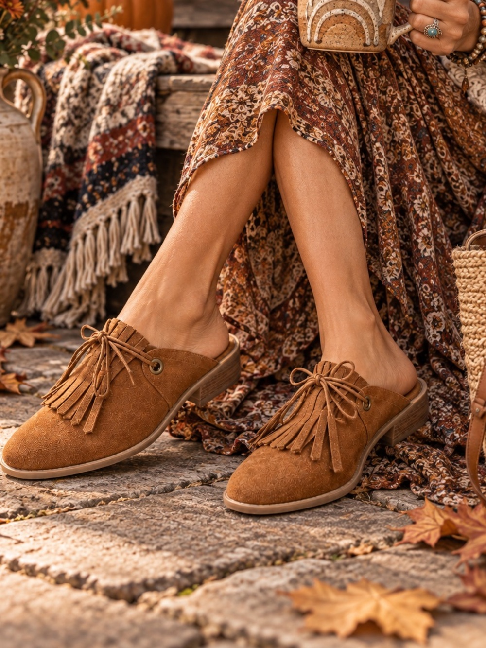 Franco Sarto Ranita Moccasin Mules | Brown Suede Fringe | Size 9 EUC